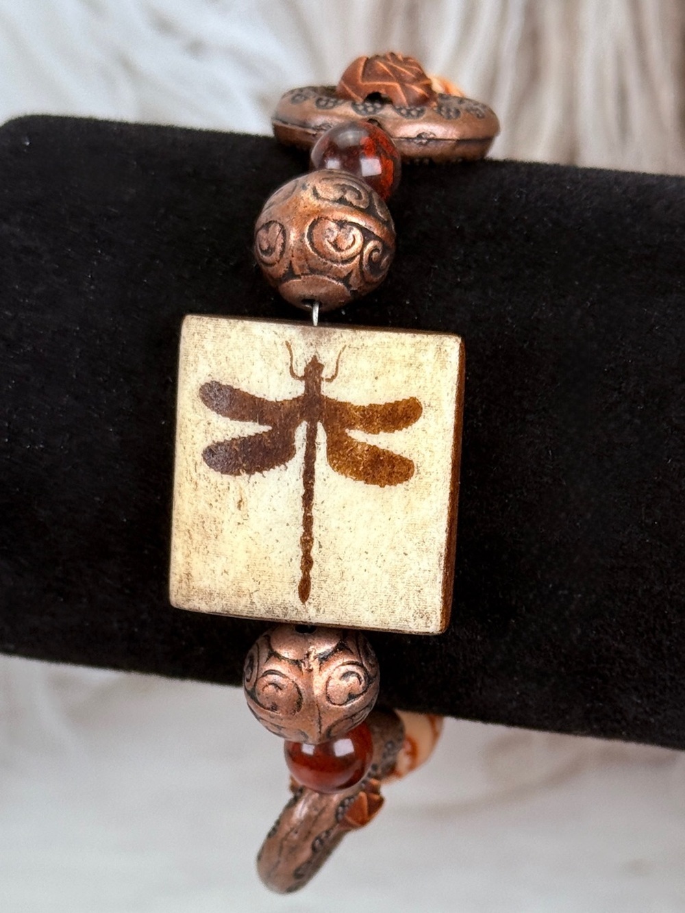 Dragonfly Design Wooden Beaded Bracelet with Brown Accents